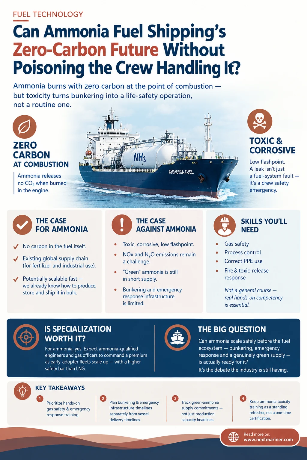 Infographic on ammonia as a marine fuel: zero carbon at combustion, toxicity and corrosion risks, the skills crews need, and key takeaways