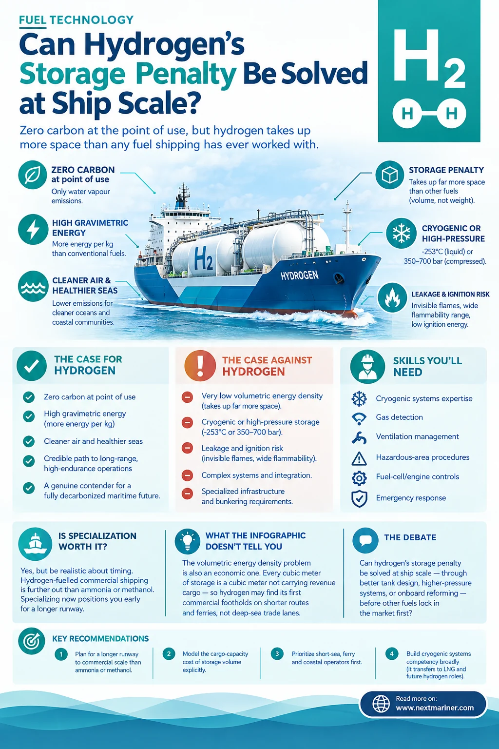 Infographic on hydrogen as a marine fuel: zero carbon at the point of use, the storage penalty, the skills crews need, and key recommendations