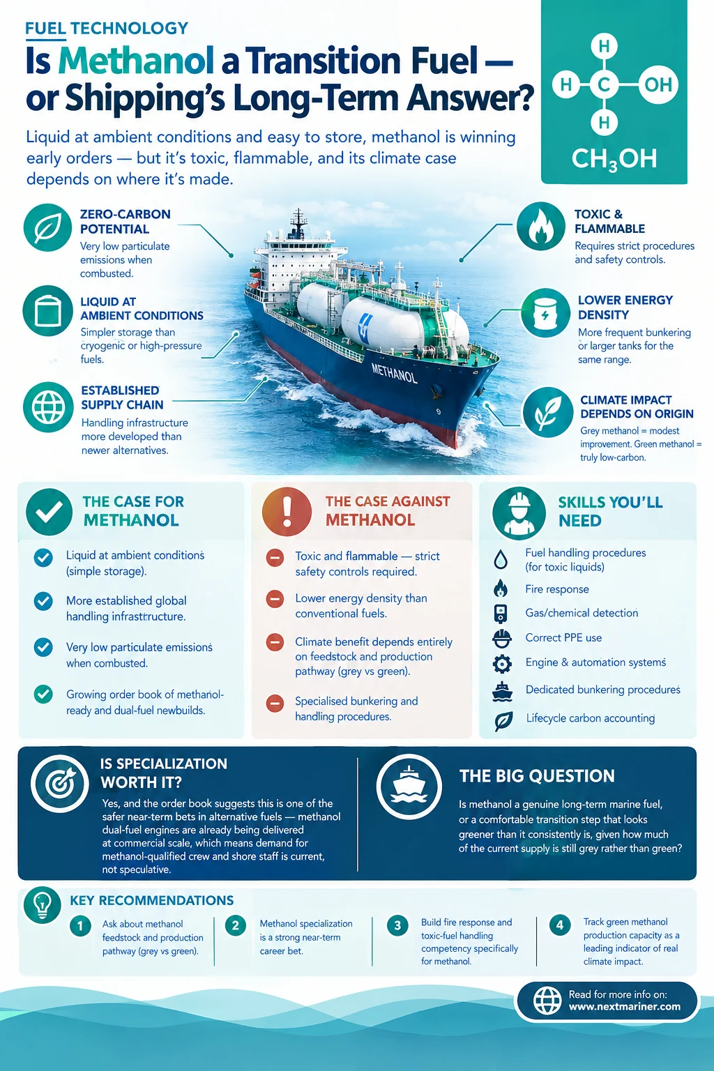 Infographic on methanol as a marine fuel: liquid storage, toxicity and flammability, grey versus green supply, and the skills crews need