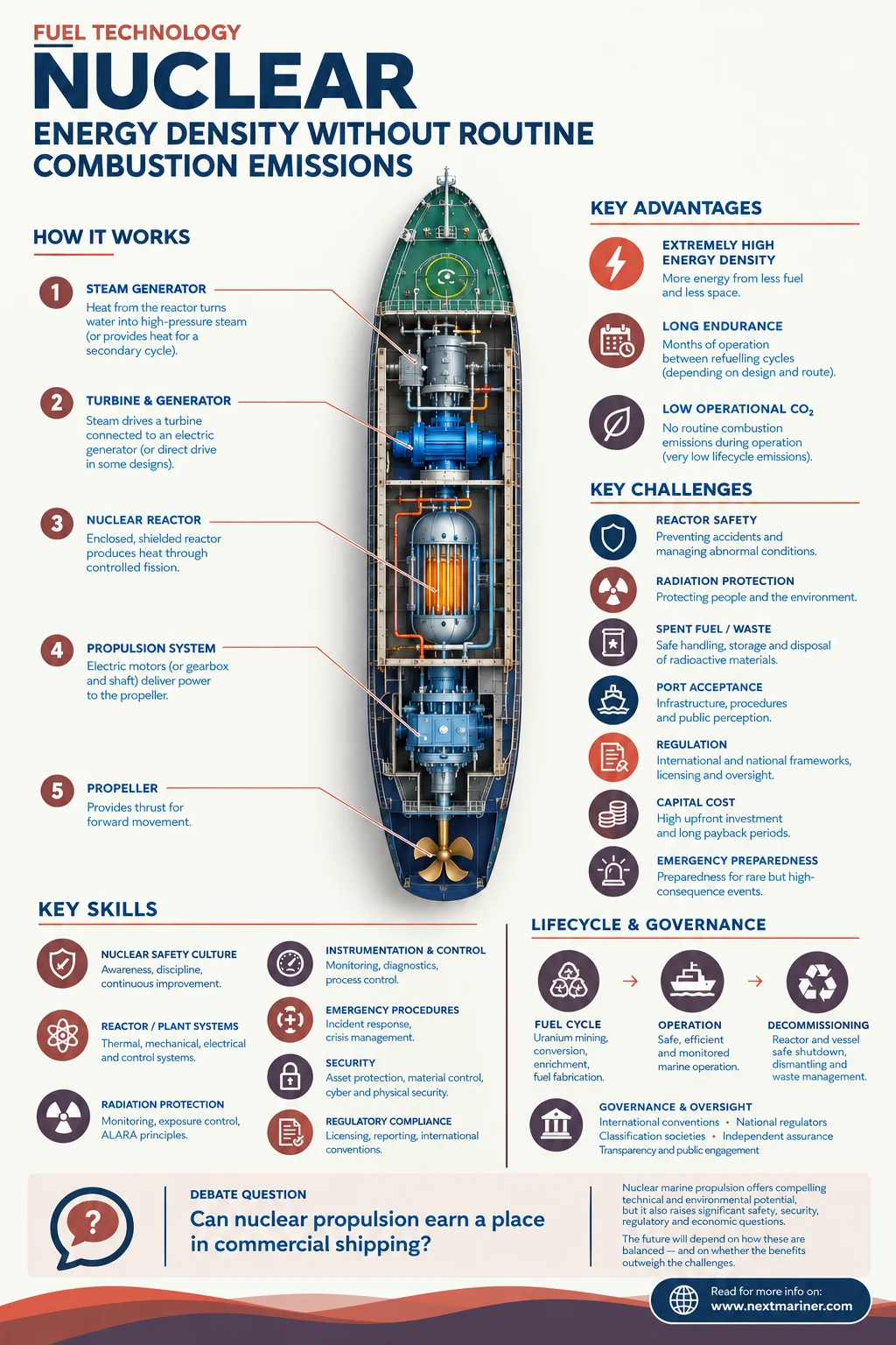 Infographic on nuclear marine propulsion: how a shipboard reactor drives the propeller, its advantages and challenges, key skills, and lifecycle governance